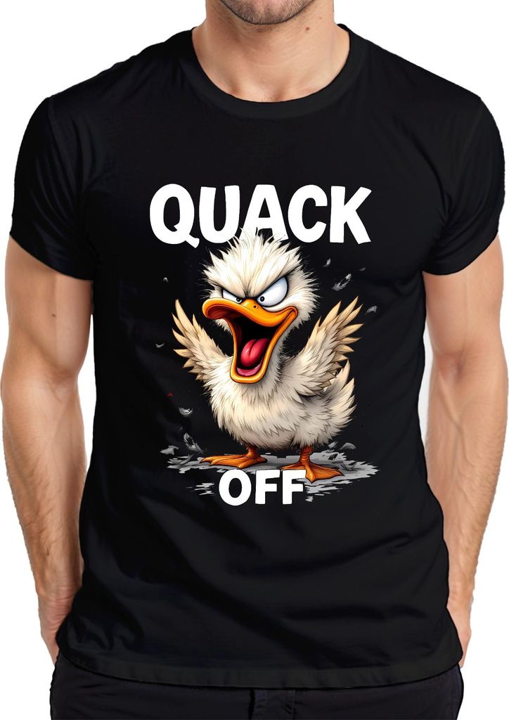 QUACK OFF lustige wütende Ente frech Cartoon Spruch sarkastisch Herren T-Shirt, Schwarz, XL