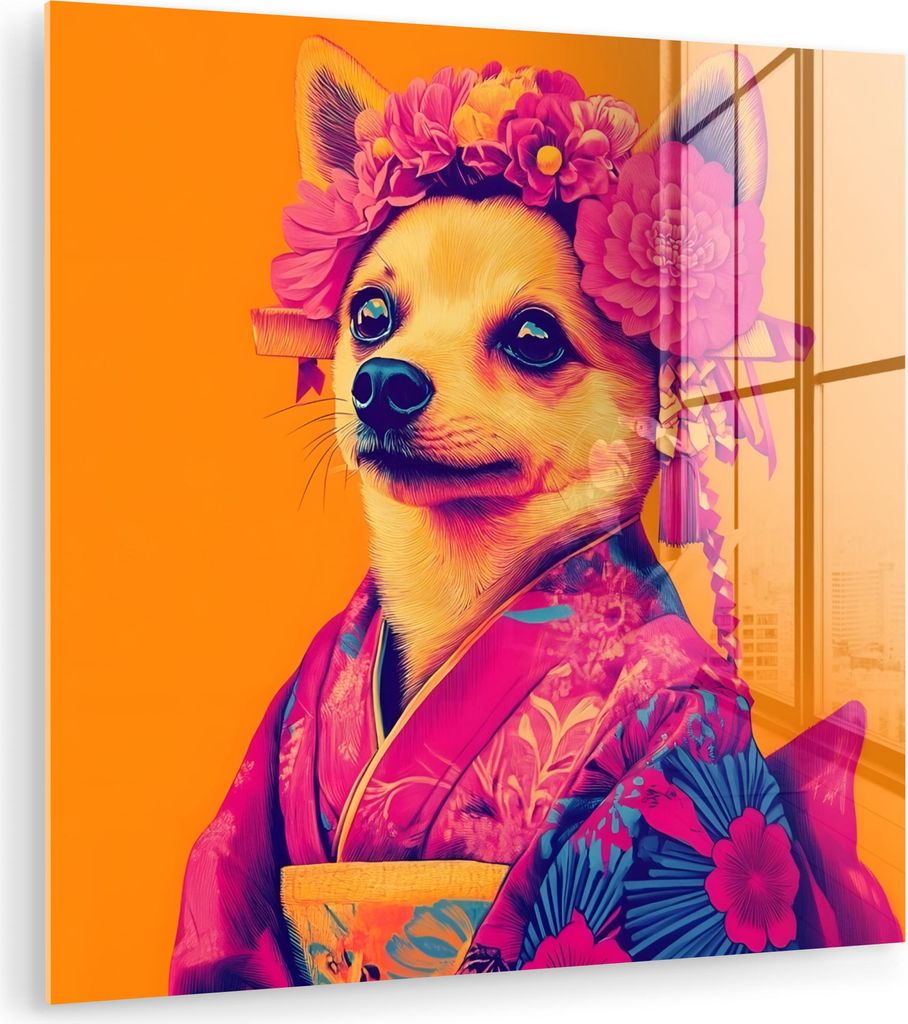 MuchoWow Glasbilder - Bilder auf Wandbild - Foto auf Glas Kimono - Hündchen - Blumenkrone - Orange 90x90 cm Wanddekoration aus Glas - Acrylglasbil...