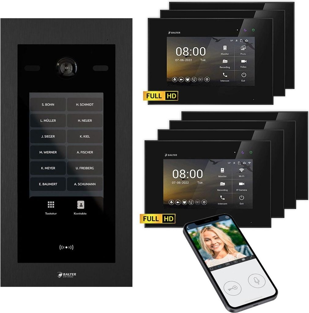 BALTER EVO HD Touch 7 Schwarz/Schwarz 3x7" +4x7" WiFi Video Türsprechanlage bis 1000 Familienhaus