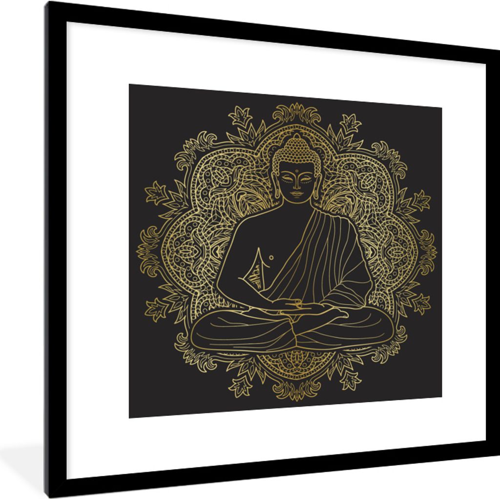 MuchoWow MuchoWow Gerahmtes Poster Buddha - Bild - Gold 40x40 cm - Poster mit zchwarzem Bilderrahmen - Poster - Plakat im Rahmen