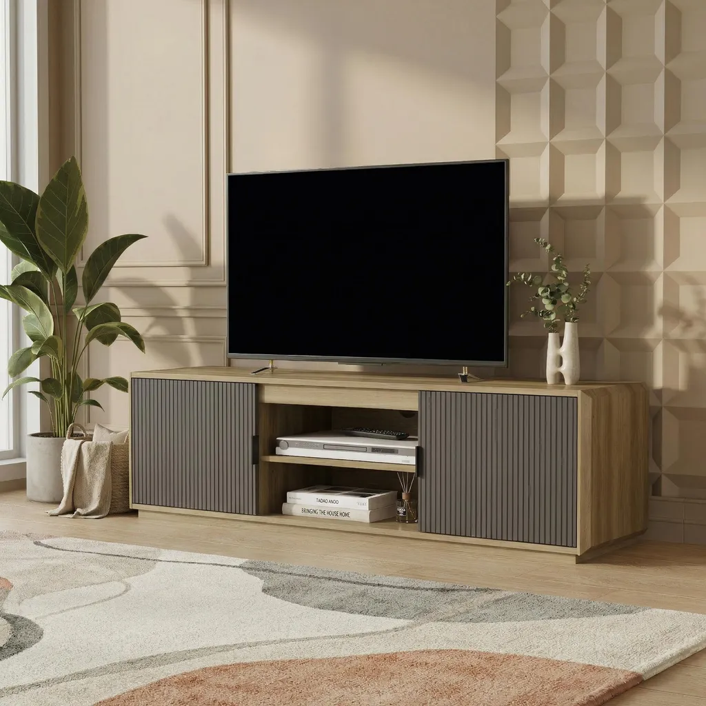 Meuble TV 150 cm Trömi Aspect Chêne et Gris - 2 Portes Spacieuses