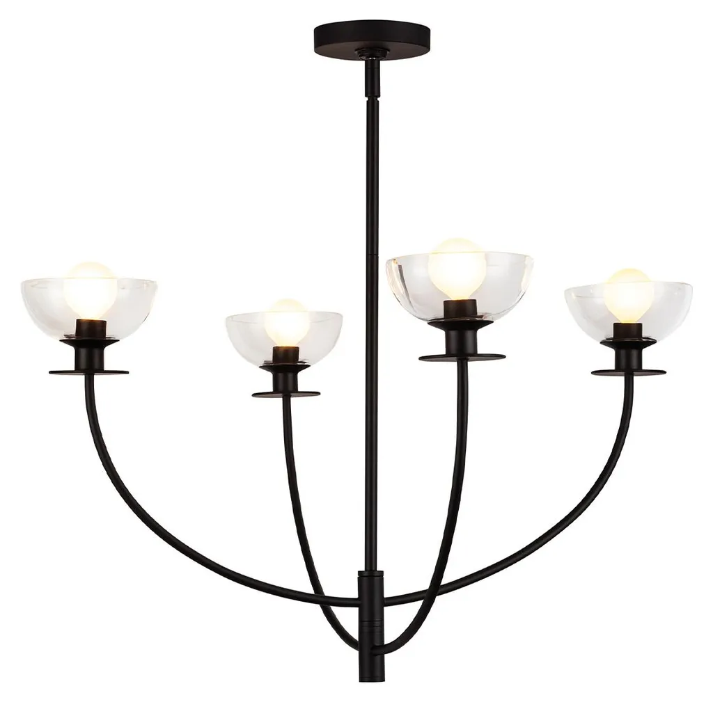 Lustre noir mat Sylvia 4 lumières E14 avec verrerie transparente chic