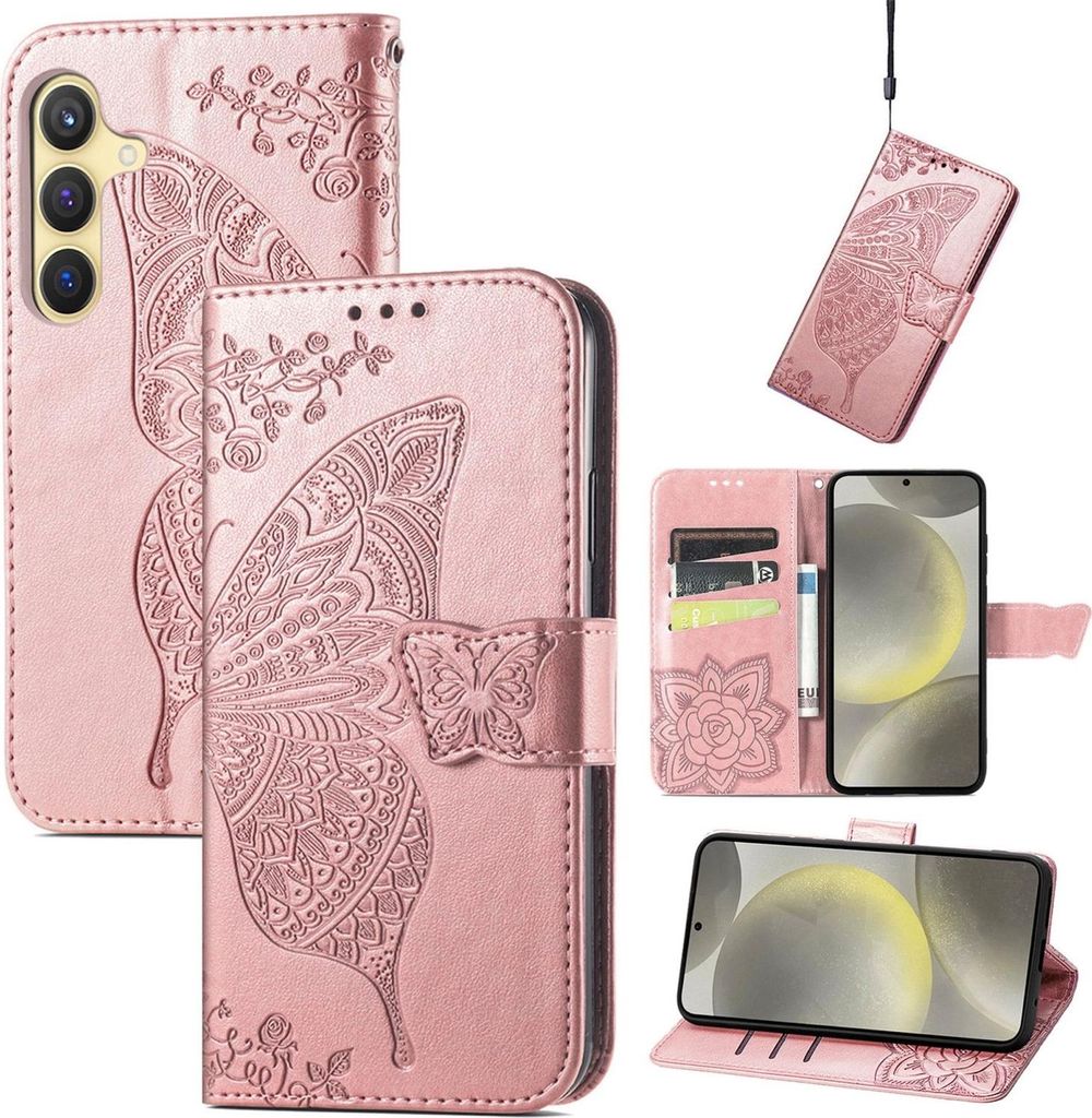 Für Samsung Galaxy S25 FE 5G Kunstleder Wallet Handy Tasche Schmetterling Design Hülle Etuis Rosa