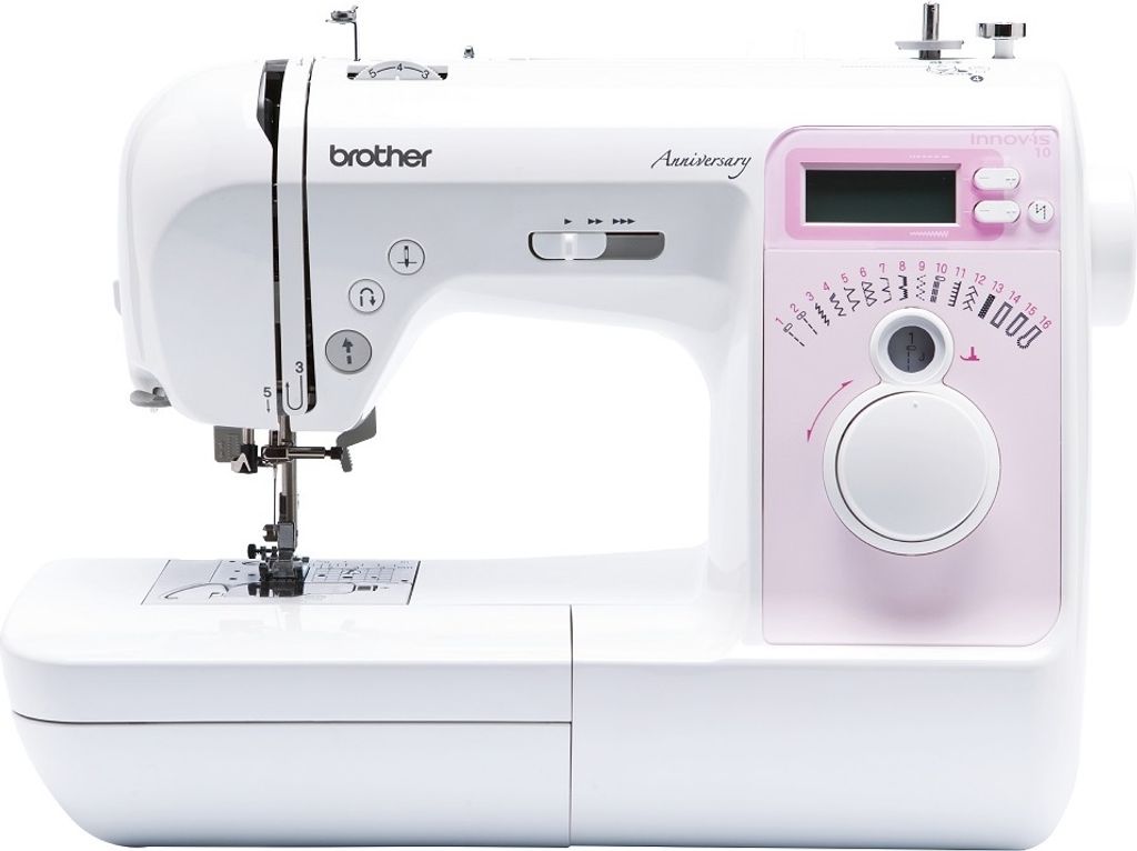 A white Brother sewing machine with pink accents is shown against a white background.