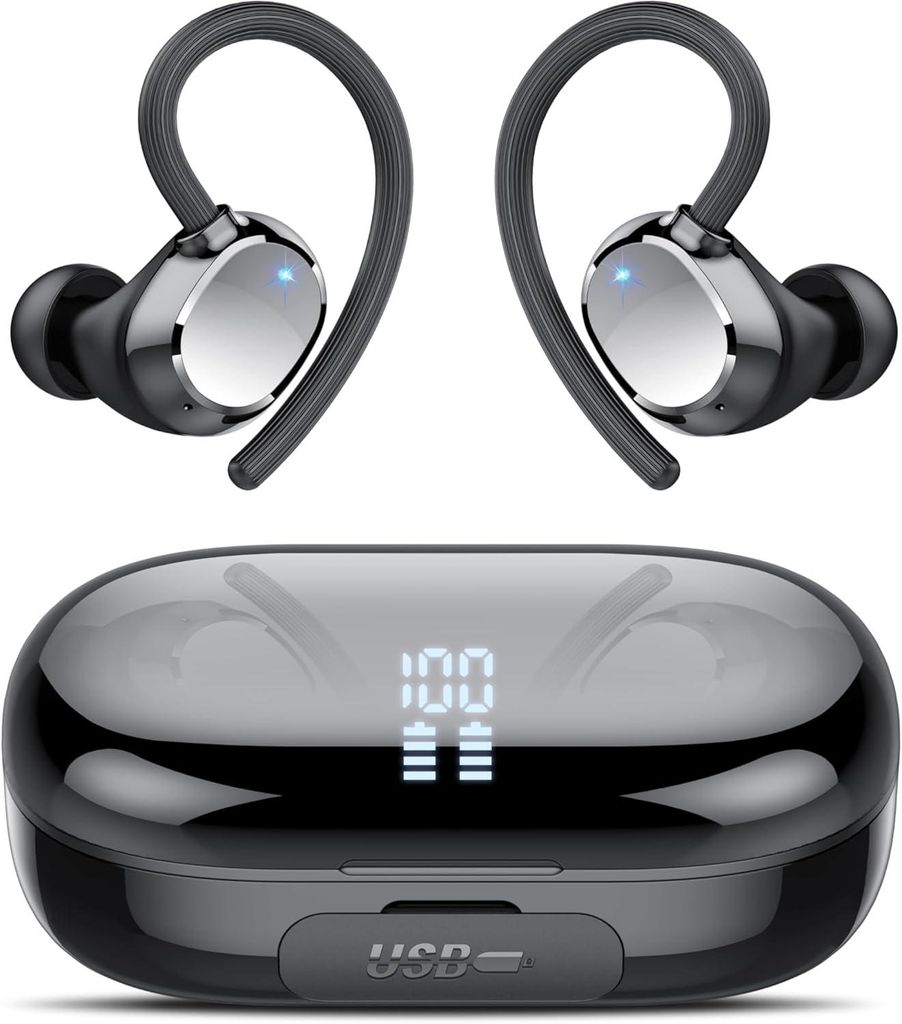 Bluetooth Sport Kopfhörer In-Ear Q22, 128h Akkulaufzeit, ENC Mikrofon, IP7 Wasserdicht, LED Display, Typ-C Schnellladung, Komfort Fit