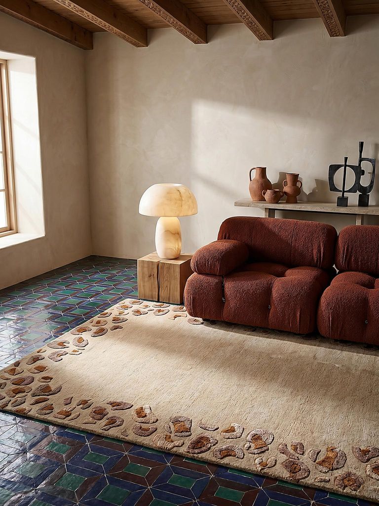 Designerteppich Kurzflor SABLE Leopard Bordüre Wollanteil 140x200 cm Natur modern animal print elegant handgetuftet farbecht | Kadima Design
