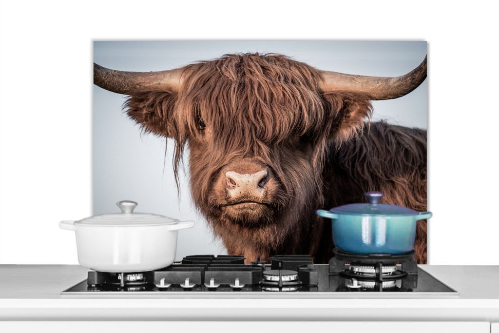 KitchenYeah Spritzschutz Küche - Küchenrückwand - Wandschutz für Herd und Spüle - Schottisches Hochlandrind - Tiere - Braun 90x60 - Alu-Dibo...
