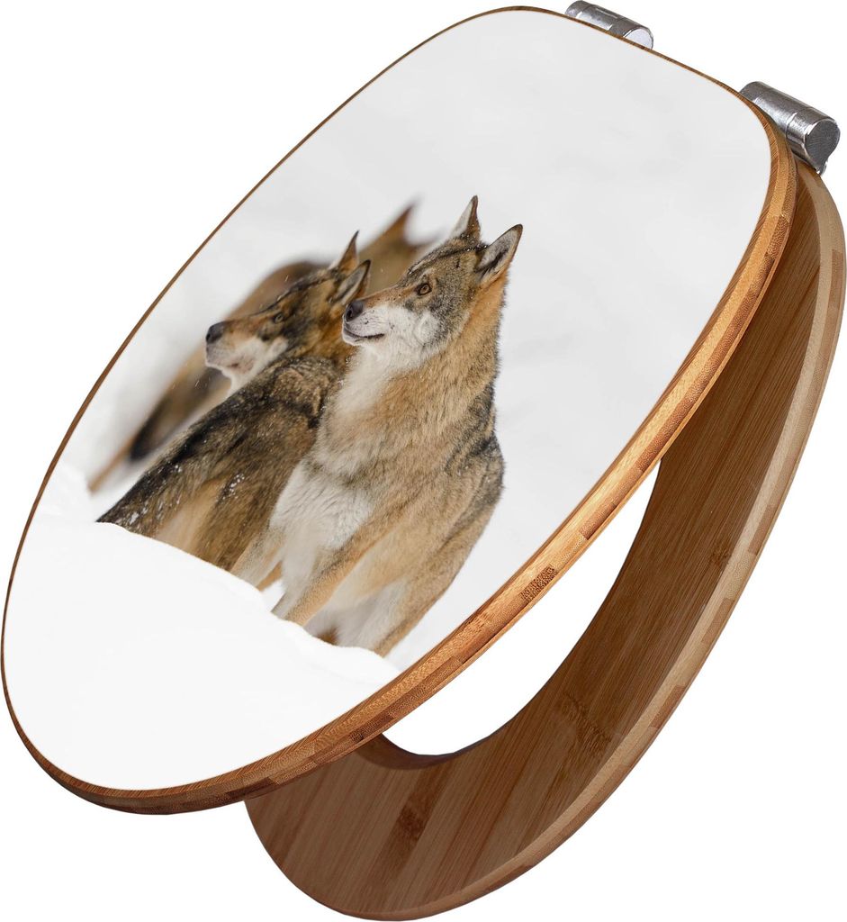 banjado Design WC Sitz Bambus Absenkautomatik - Wölfe - Toilettendeckel mit Absenkautomatik Holz/hochwertiger Bambus Klodeckel/WC-Sitz für alle g...