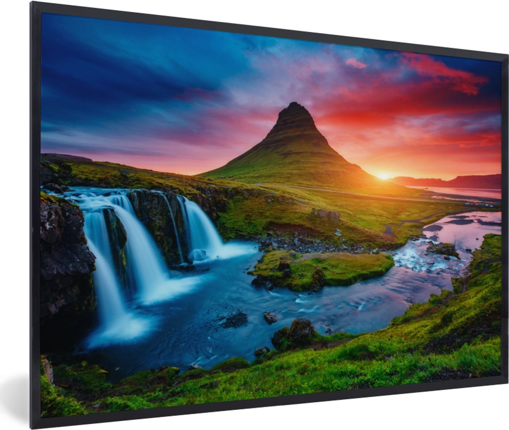 MuchoWow Gerahmtes Poster Wasserfall - Berg - Moos - Sonnenuntergang - Natur 90x60 cm - Poster mit Schwarzem Bilderrahmen Wandposter Rahmen Foto ...