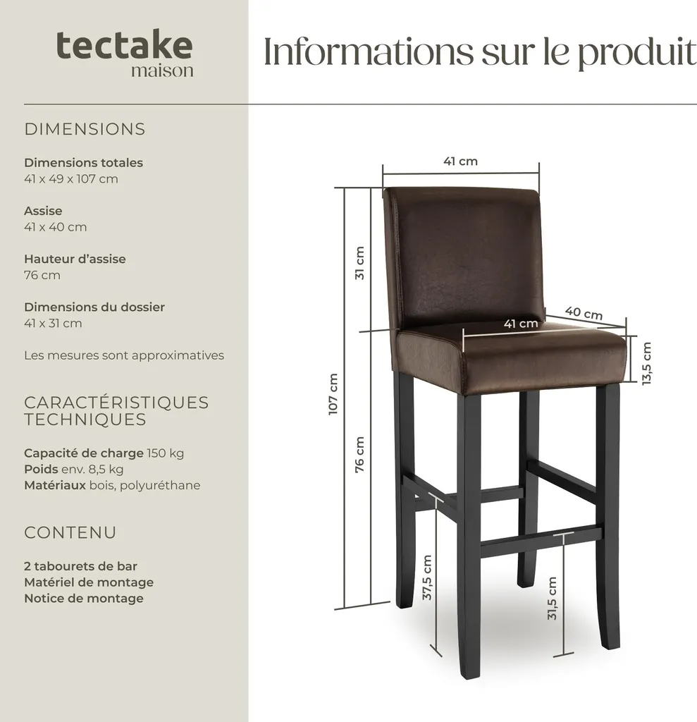 Lot de 2 Tabourets de bar en cuir synthétique marron - Design Vintage