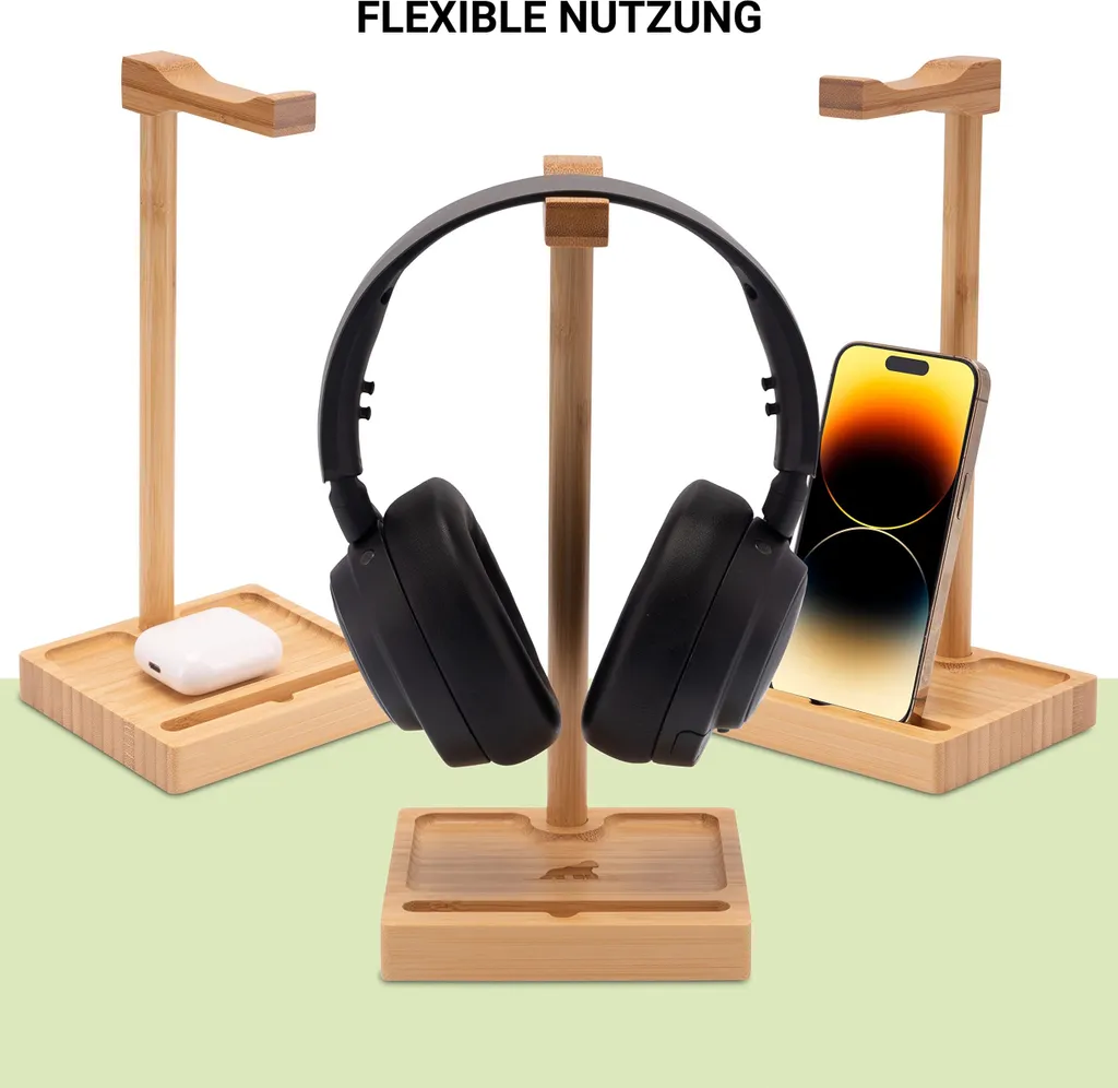 Support casque audio en bambou avec double support média intégré - 4