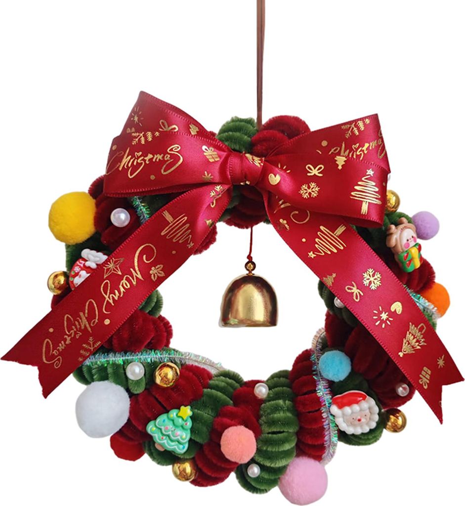 1 Set Weihnachtskranz-Bastelset mit rotem und grünem Pfeifenreiniger, Glöckchen, Weihnachtsmann- und Rentieranhänger, Schleife, DIY-Weihnachtsba...