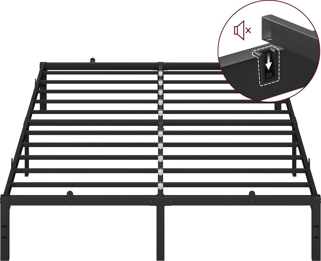 A black metal bed frame with an inset circle highlighting a feature.