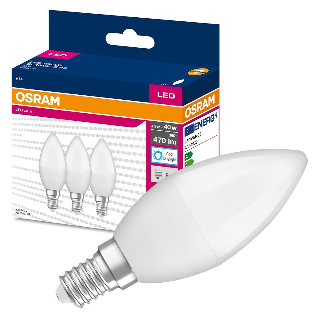 3x Leuchtmittel LED B37 Kerze E14 4,9 W = 40 W 470 lm 6500 K Kaltweiß 200° VALUE CLASSIC Osram