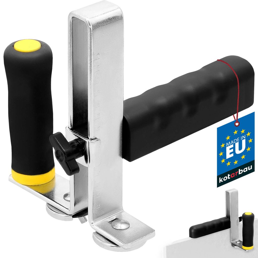 A product shot of a drywall panel cutter with a "Made in EU" tag.