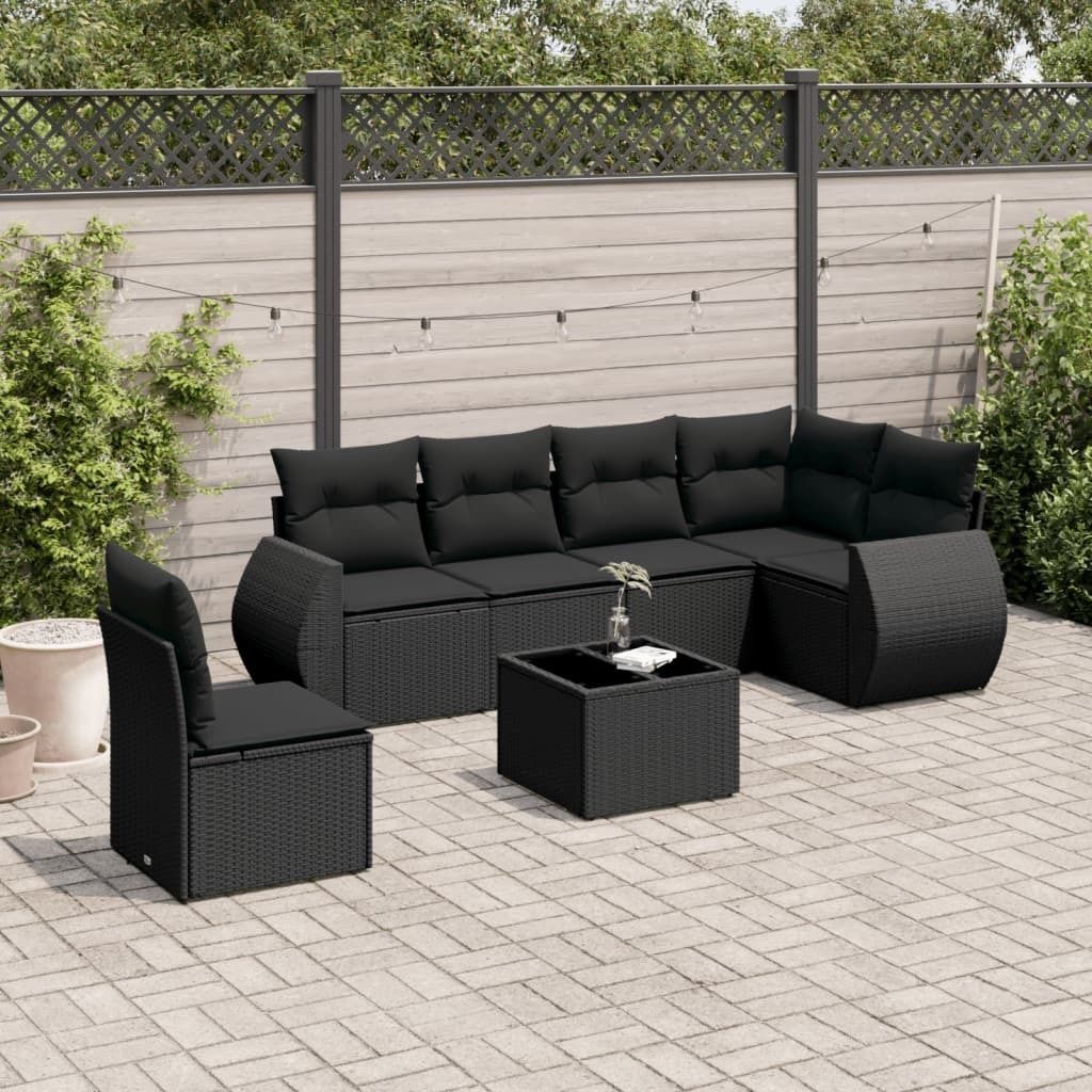 Design 7-tlg. Garten-Sofagarnitur mit Kissen Schwarz Poly Rattan, Gartenmöbel-Sets 2024 Neu
