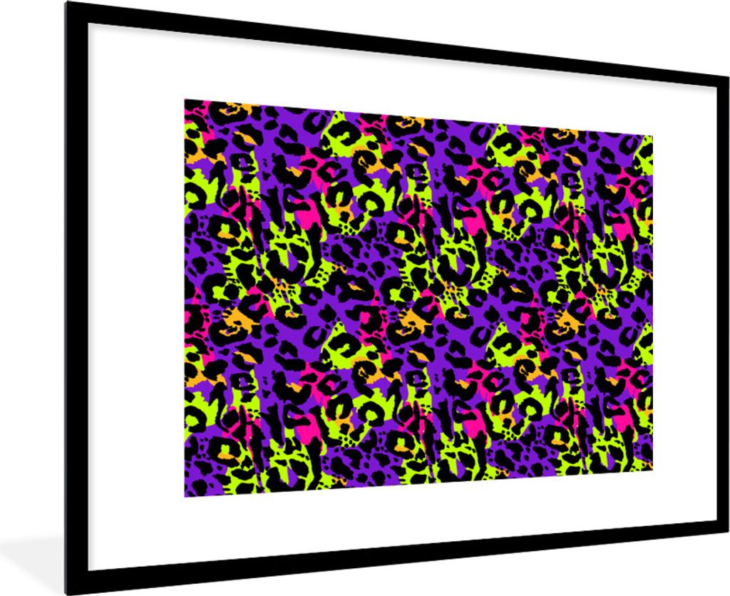 MuchoWow Gerahmtes Poster Pantherdruck - Neon - Lila - Gelb 90x60 cm - Poster mit Schwarzem Bilderrahmen Wandposter Rahmen Foto Bilder - Wanddeko...