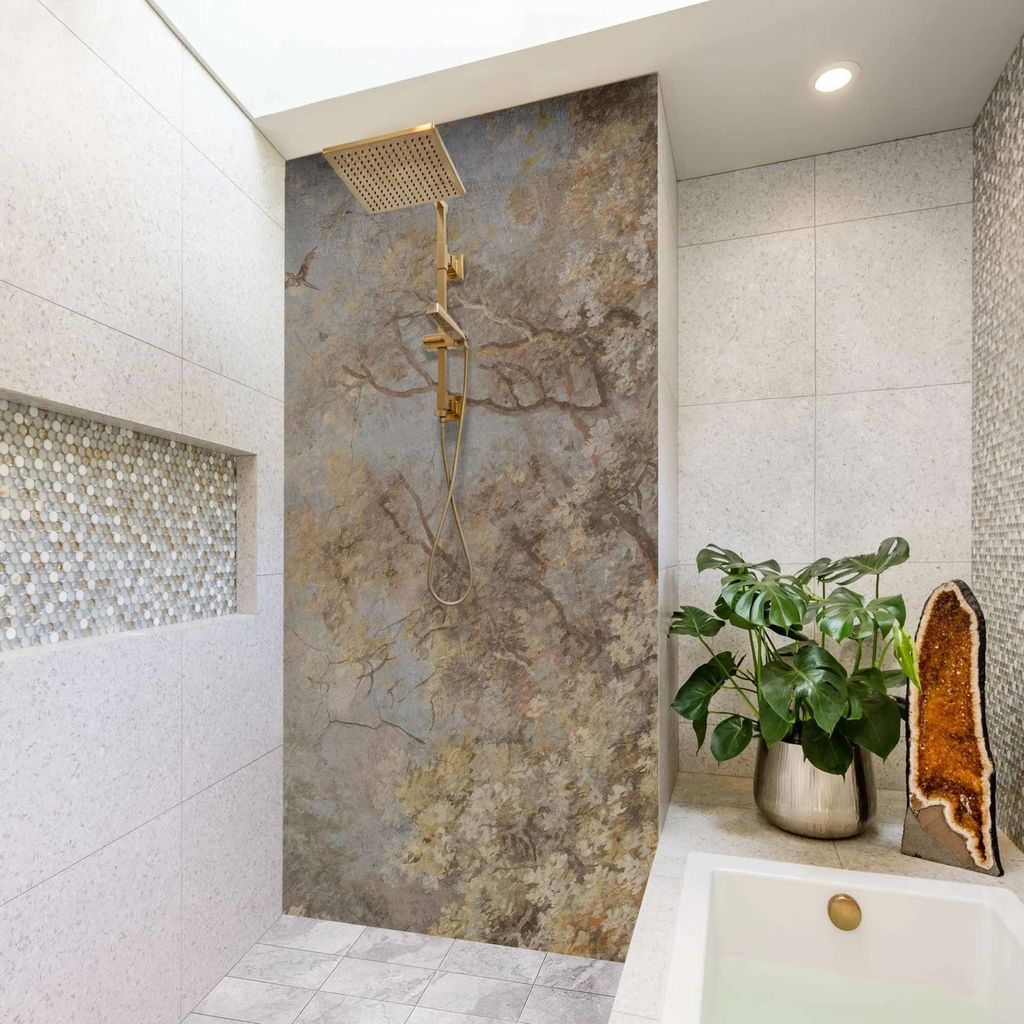 Duschrückwand mit Motiv selbstklebend - 0.61 mm Wandpaneel wasserfest Design braun Abstrakt Badrückwand fugenlos Premium matt 90x190 cm