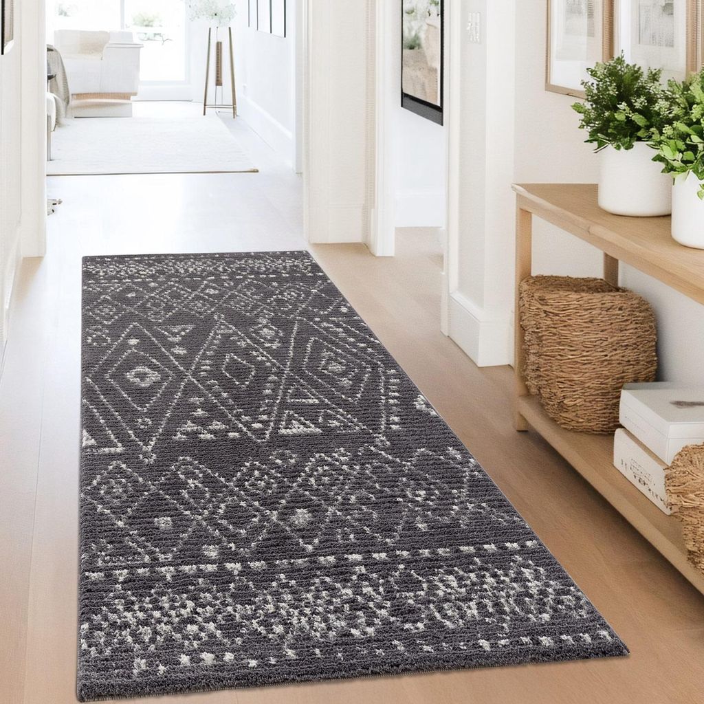 Teppich Wohnzimmer Grau - 80x150 cm - Ethno, Berber-Muster - Weiche Schlafzimmer-Teppiche
