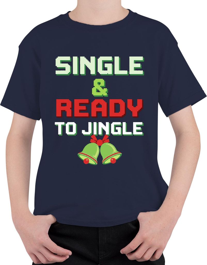SINGLE & READY TO JINGLE Weihnachten Lustig Retro Pixel Party Uni Kinder T-Shirt, Navy, 140