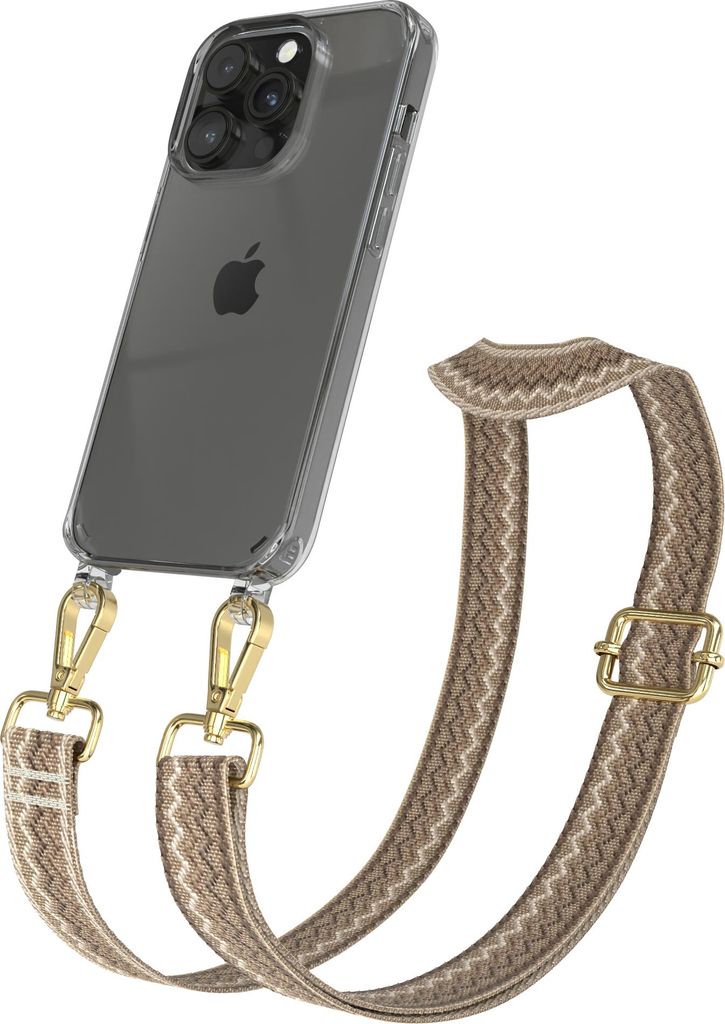 Apple iPhone 14 Pro Chain Eyelets Slim Neck Strap Set Wave Style 07 light Brown/Brown 01 Metall Gold