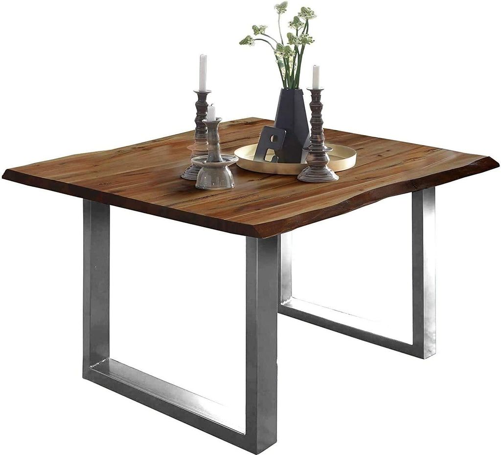 Baumkantentisch 80x80 cm Mephisto, Akazienholz massiv + nussbaumfarben lackiert, Esstisch mit Edelstahl U-Gestell gebürstet, Esszimmertisch/Holzti...