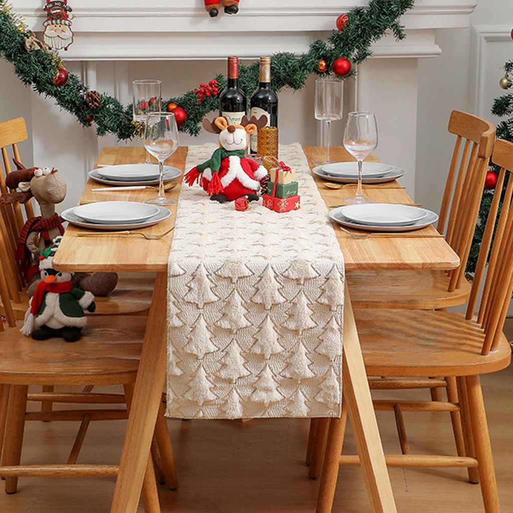 Weihnachtstischläufer aus weichem Plüsch-Jacquard-Muster mit Weihnachtsbaum-Motiv, einfarbig, mit Pailletten besetzt, für Esstisch, Weihnachtsfe...