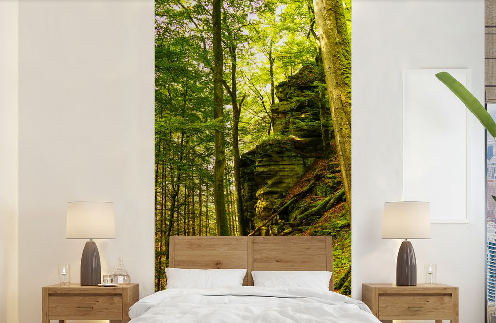 MuchoWow Fototapete für Wohnzimmer oder Schlafzimmer Wandtapete Vinyl Motivtapete Bäume - Stein - Wald - Natur - Pflanzen - 120x240 cm - Hinter...