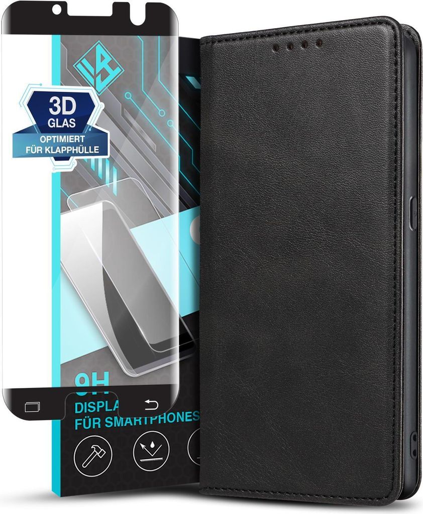 Handyhülle für Samsung Galaxy S7 Edge mit 9H Displayglas Kunstleder Flip Cover Hülle Handytasche Case Kartenfach Farbe: Schwarz