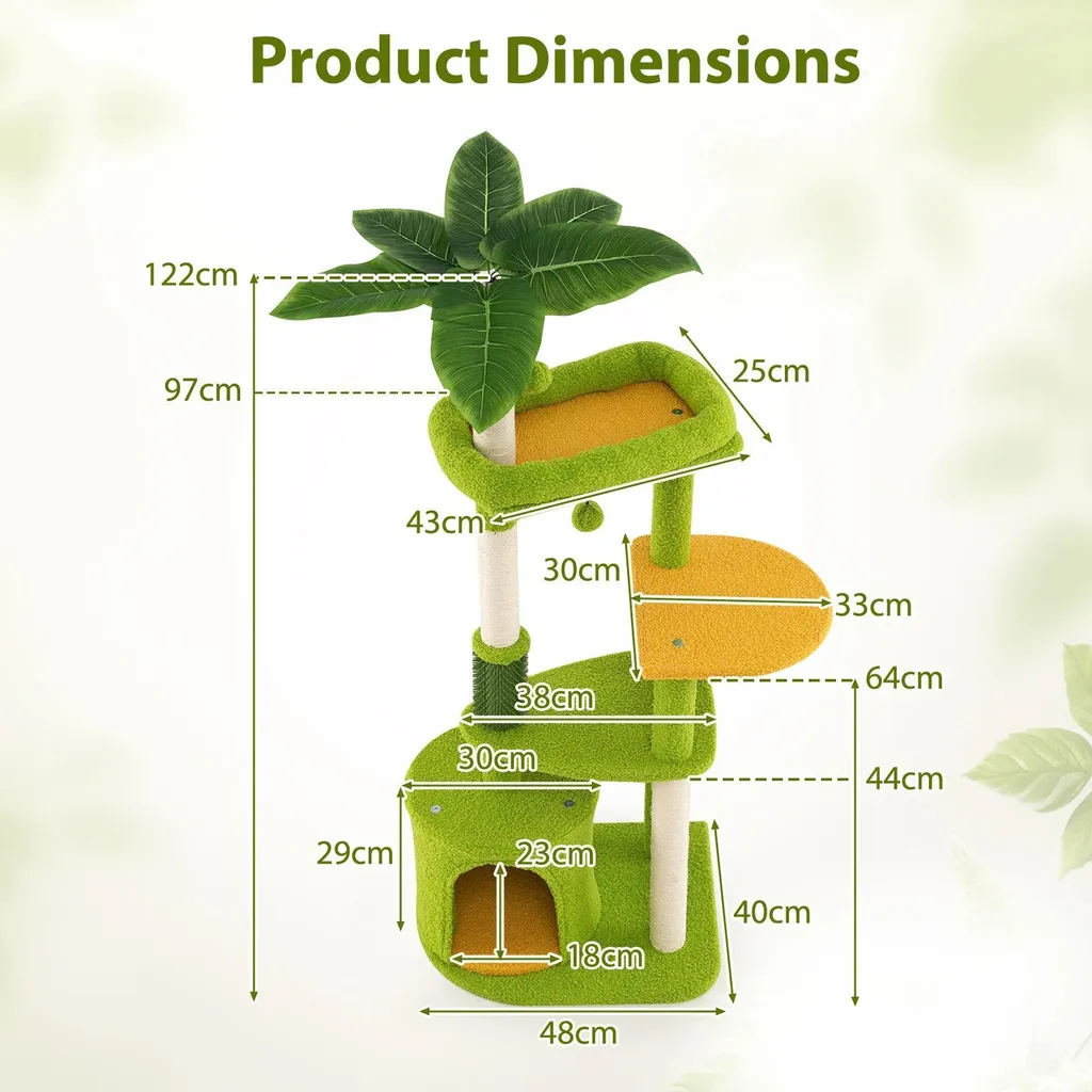 Arbre à chat design 4 niveaux avec griffoir sisal et feuillage vert