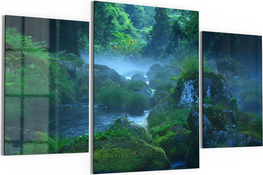 DEQORI Glasbilder 3-tlg 140x80 cm 'Wasserquelle im Wald' Wandbilder XXL groß