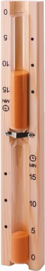 A wooden hourglass with orange sand and minute markings.