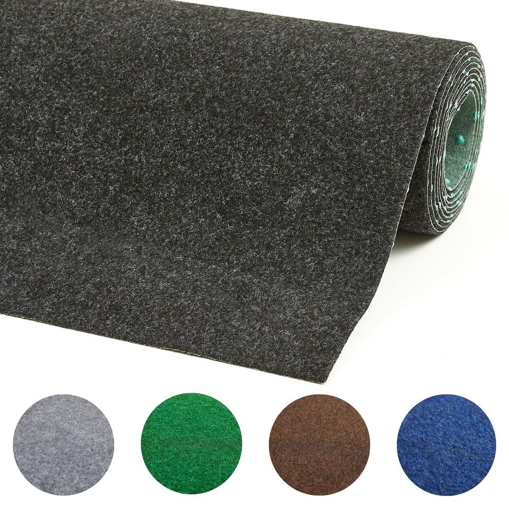 Rollenabbildung des Rasenteppichs in anthrazit mit Farbmustern in grau, grün, braun, blau