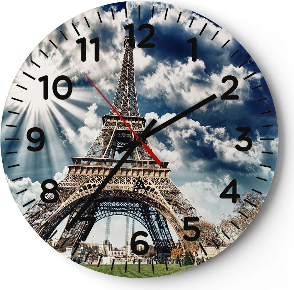 Wanduhr - Rund - Glasuhr - Architektur gebäude stadt eiffel - 30x30cm - Schleichendes Uhrwerk - Lautlos - zum Aufhängen bereit - Dekoration Moder...