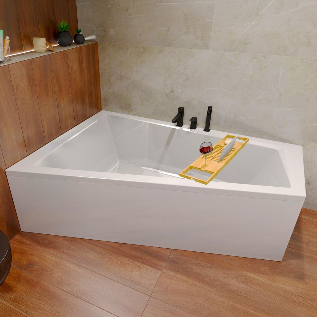 Badewanne Eckwanne Set 5in1 160x90 Links + Verkleidung (AcrylSchürze) + Bambus Holzablage | BADLAND INTIMA