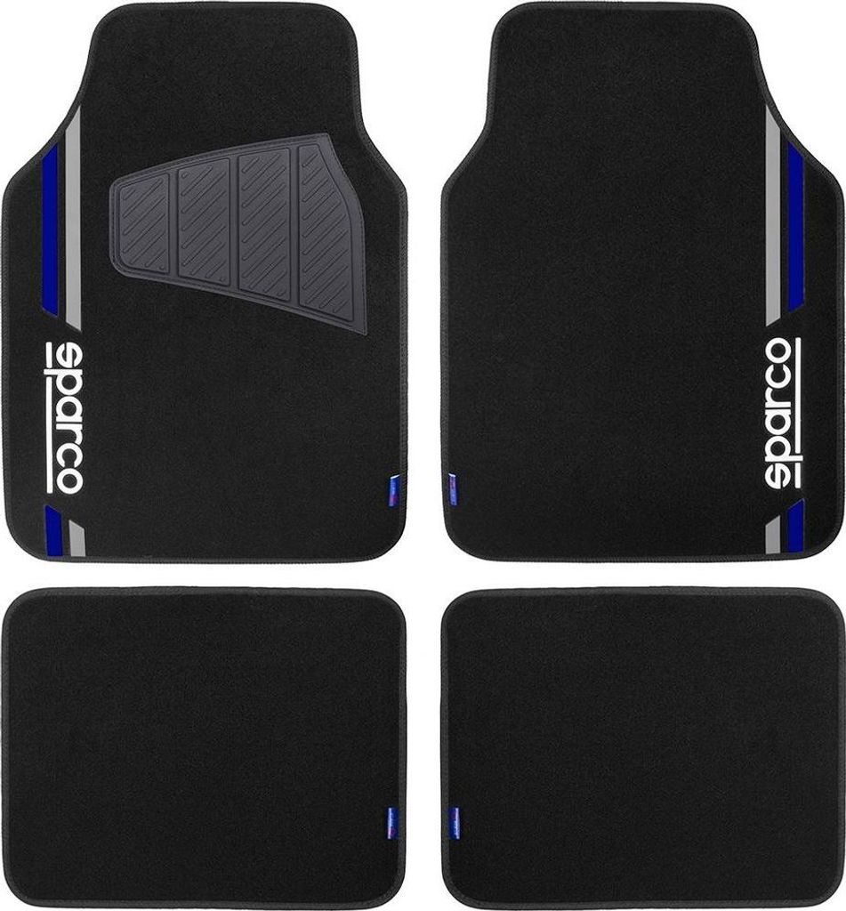 Sparco Set mit 4 universellen schwarzen und blauen Matten, 2 vorne mit Logo und 2 hinten für Autos