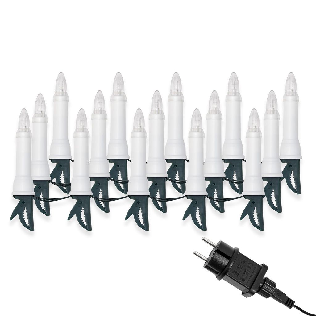 A string of LED candle lights and a power plug against a white background.
