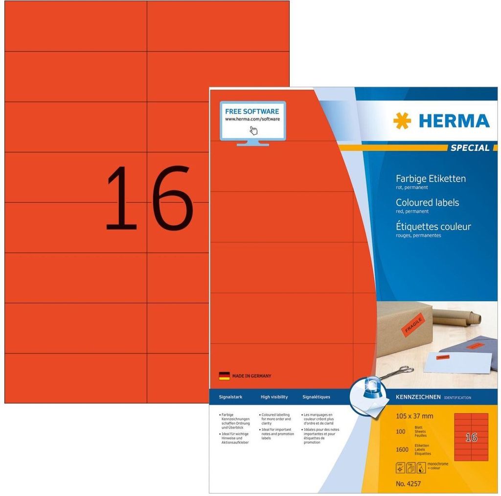 Etiketten A4 rot 105x37 mm Papier matt 1600 St.