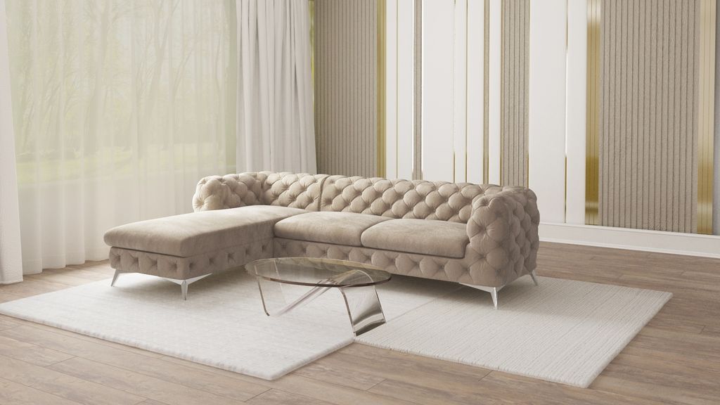S-STYLE MÖBEL - Chesterfield Ecksofa Cleo mit Ottomane rechts und Silber Metall Füßen, aus Dunkle Creme Samtstoff, B/T/H: 305 cm/ 200 cm/ 75 cm