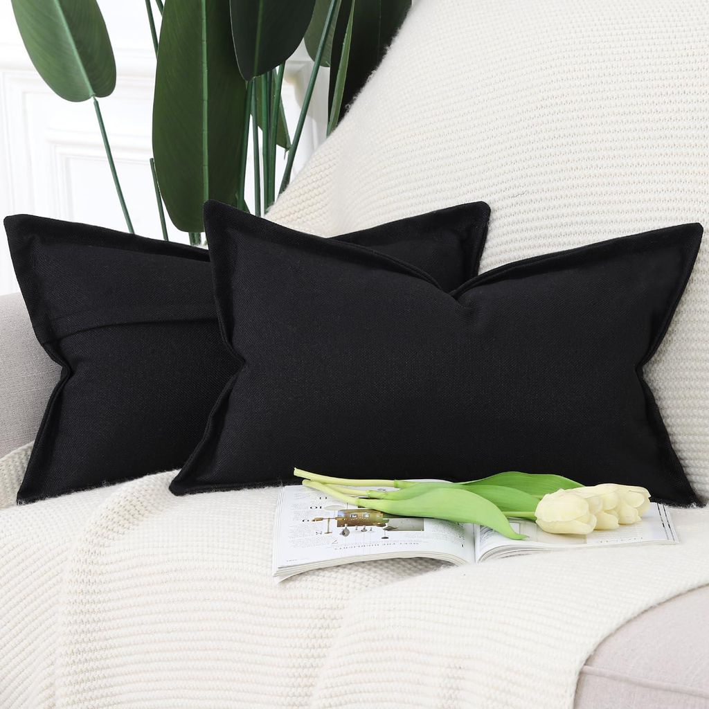 Set mit 2 Kissenbezügen aus Leinenimitat mit breitem Rand, weiche Dekokissenbezüge für Sofa und Schlafzimmer, schwarz, 40 x 60 cm, rechteckig