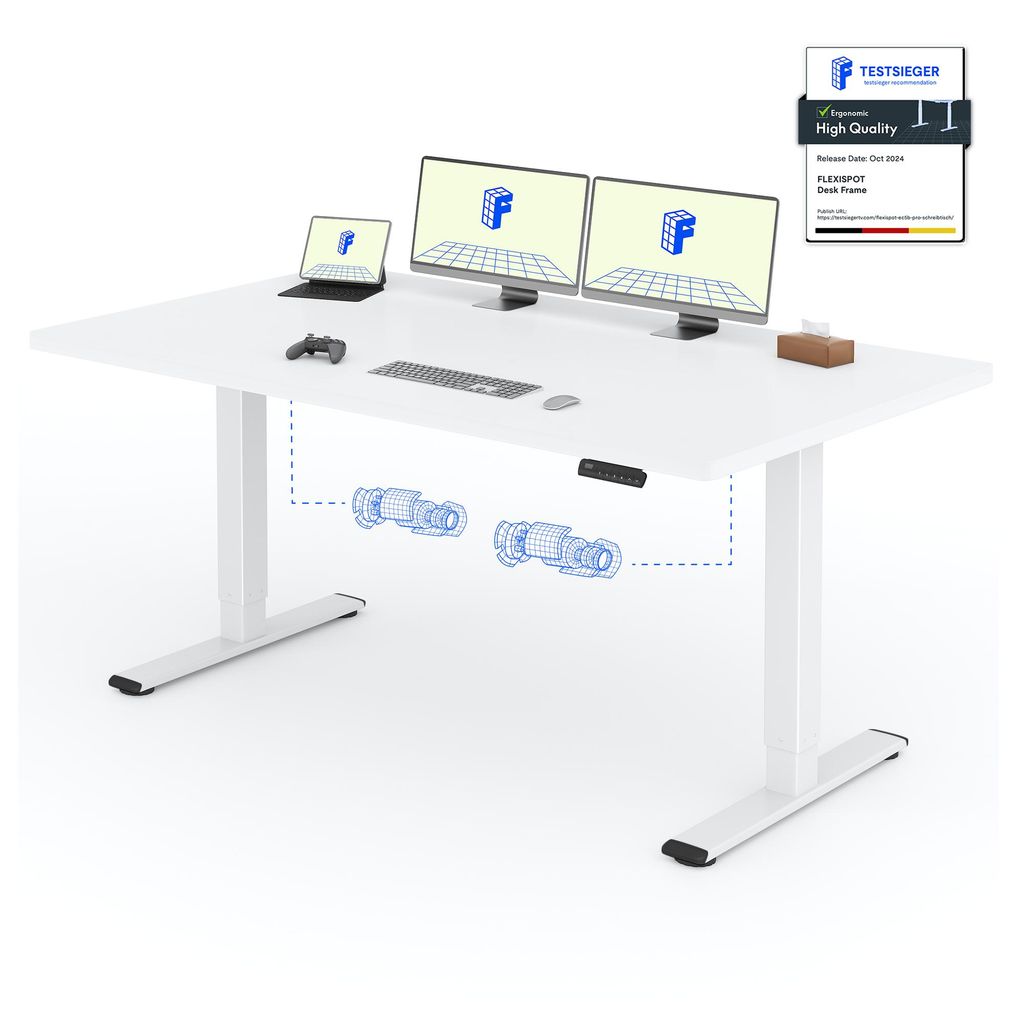 A white standing desk with dual monitors, a laptop, keyboard, mouse, and a game controller.