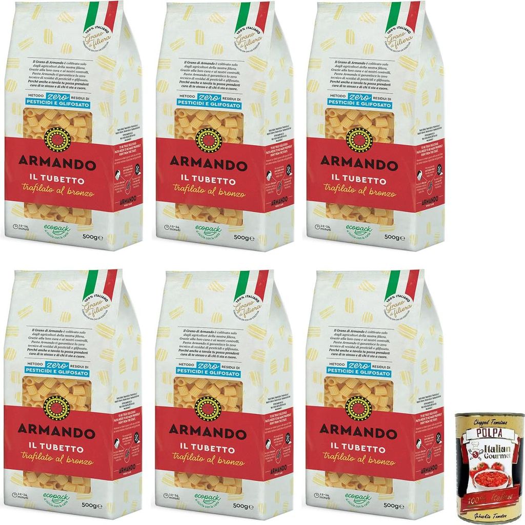 6x Armando Il Tubetto,Bronzegezogene Nudeln,100% Italienische Pasta 500g + Italian Gourmet Polpa di Pomodoro 400g Dose