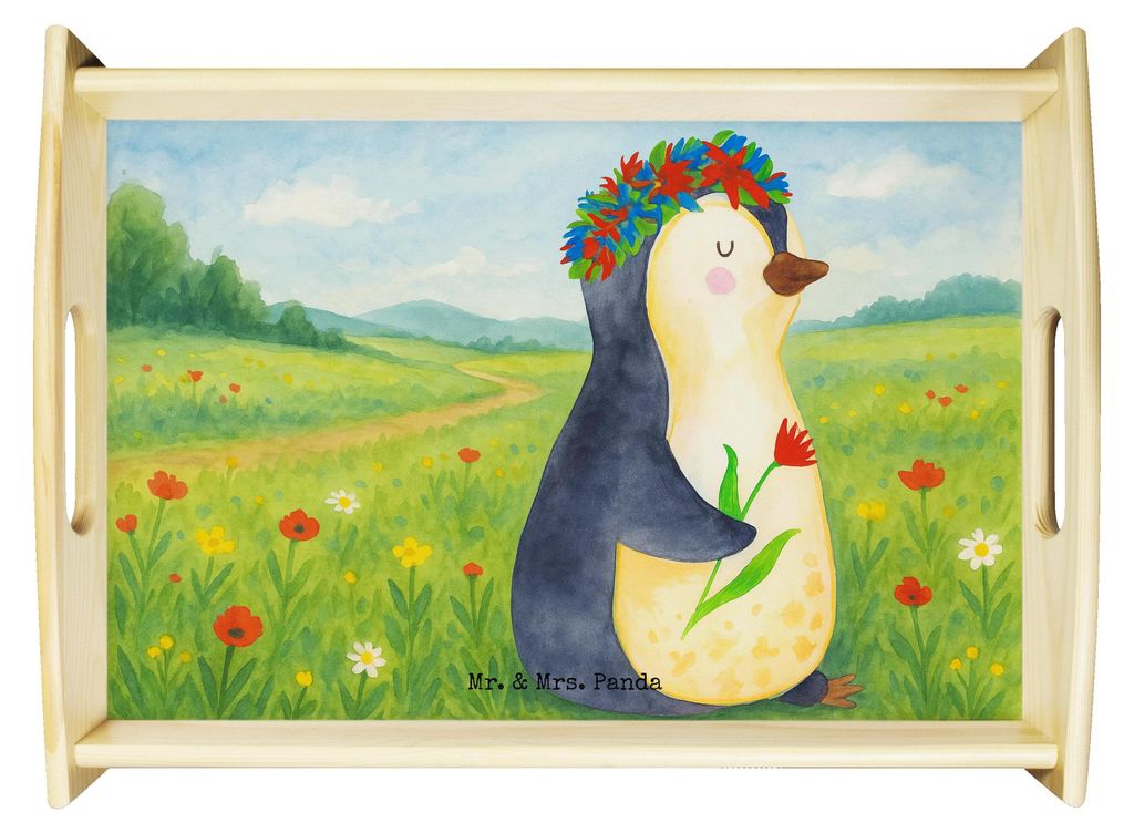 Mr. & Mrs. Panda betttablett holz Pinguin Blumen Design - Weiß - Geschenk, Motivation, Bett-Tablett, Serviertablett, Wunderschön, Pinguine, Holzt...