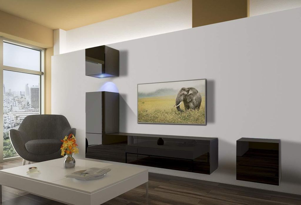 Furnitech Wohnwand Wohnzimmer - Wohnzimmer Möbel mit LED Weiß - Hängend Wohnwand Modern - Regale und TV Schrank (AN15-18B-HG1 1B)