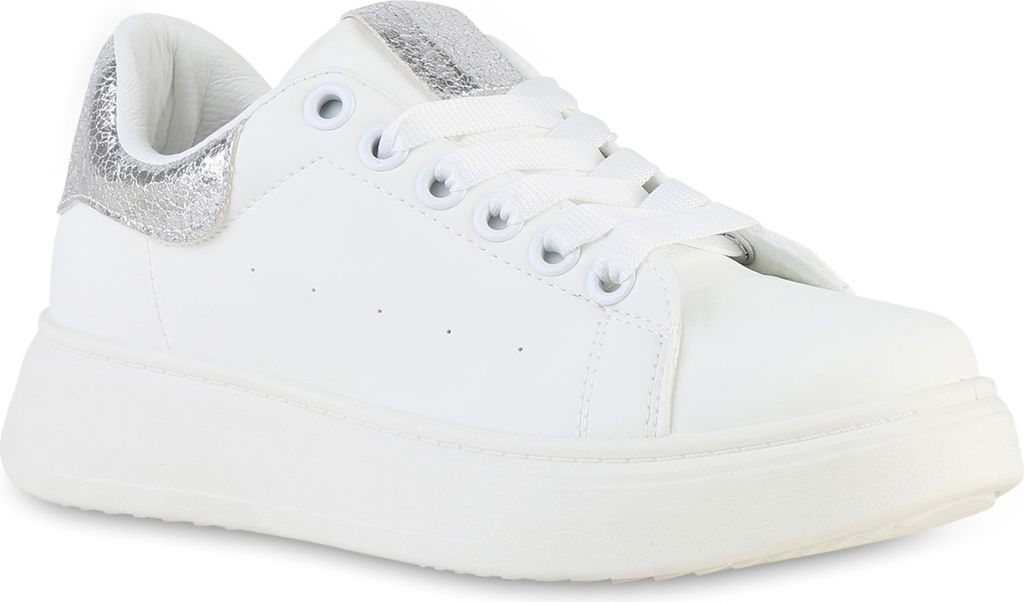 VAN HILL Damen Plateau Sneaker Metallic Schnürer Freizeit Schuhe 841513, Farbe: Weiß Silber Metallic, Größe: 37