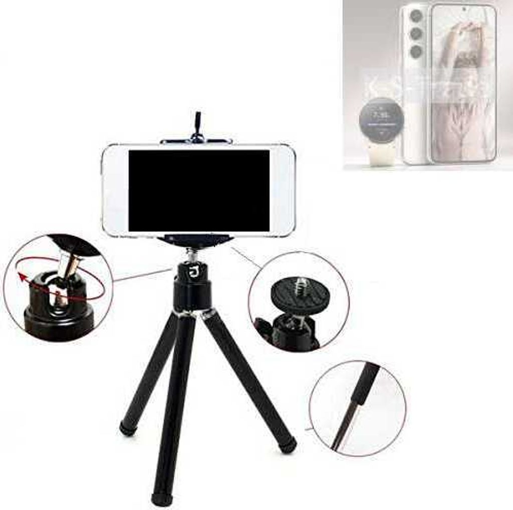 K-S-Trade Smartphone Stativ Dreibein kompatibel mit Samsung Galaxy S23 Tripod aus Aluminium Klemmstativ Stativ Adapter für Mobiltelefone schwarz 1x