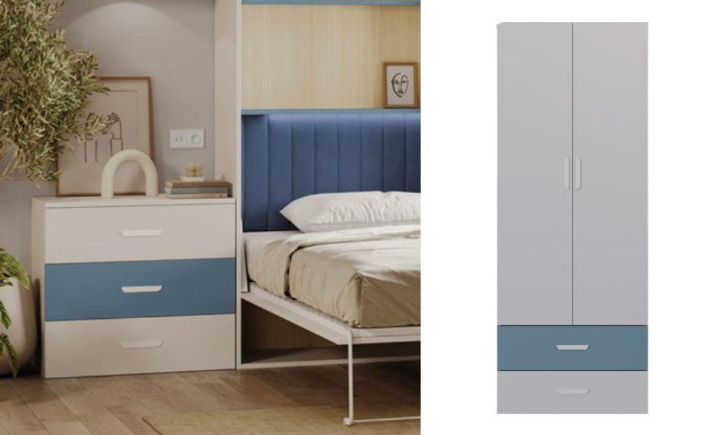 Kleiderschrank LUMINI, Schrank mit Stauraum, Kinderzimmer (Cashmiere + Blau)