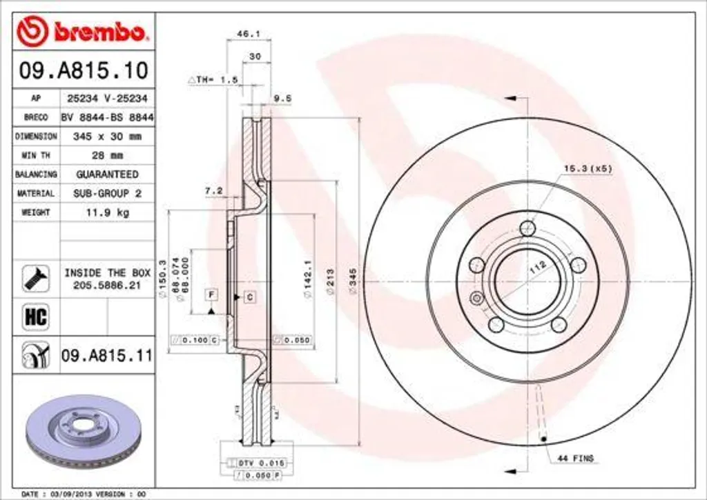 Brembo 09.A815.11 Disque de Frein OE 8E0615301K pour Audi A4 8E 8H