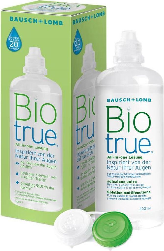 A box and bottle of Biotrue all-in-one contact lens solution, with two lens cases in the foreground.