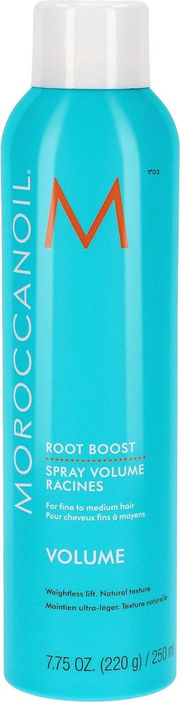 A turquoise spray bottle of Moroccanoil Volume Root Boost.
